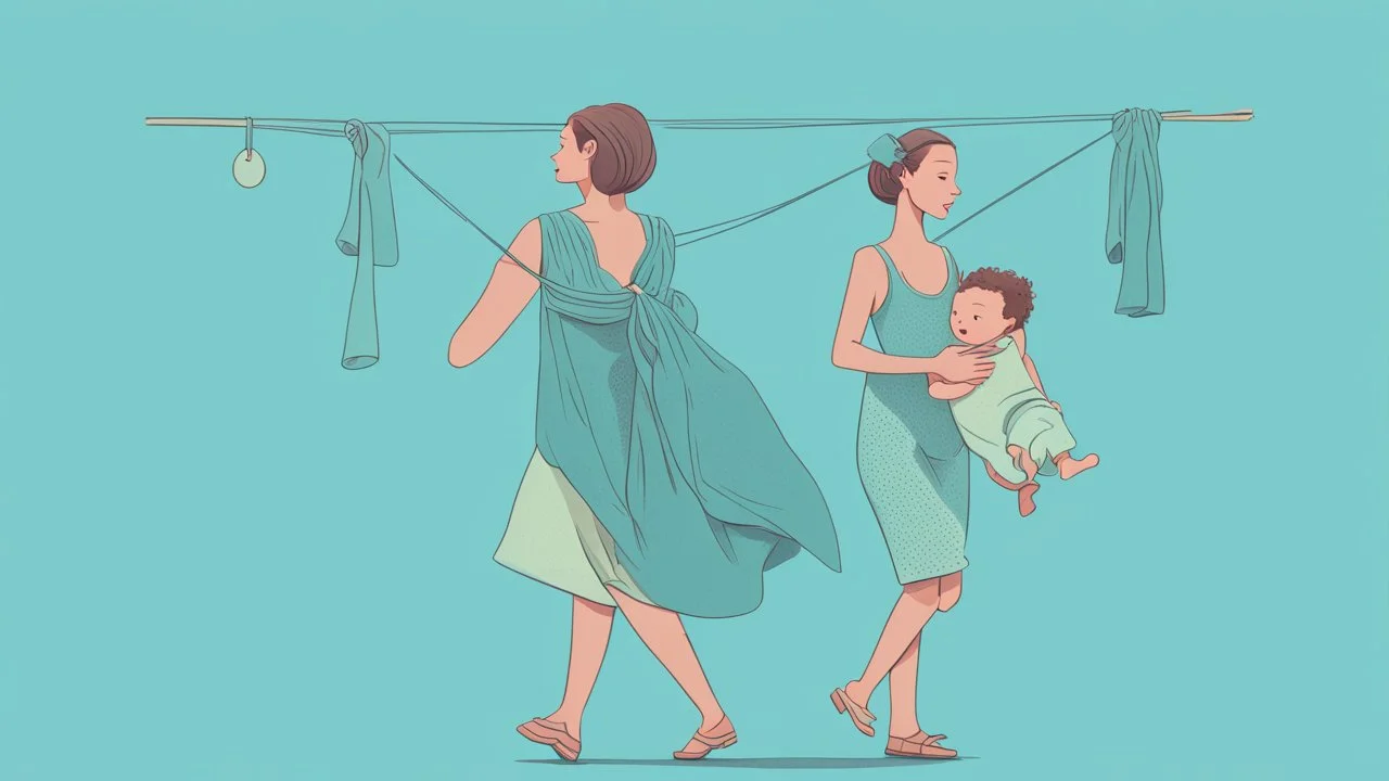 A digital illustration of a woman walking carrying a child in a sling, on an aquamarine blue background, with clothes hanging on a line nearby