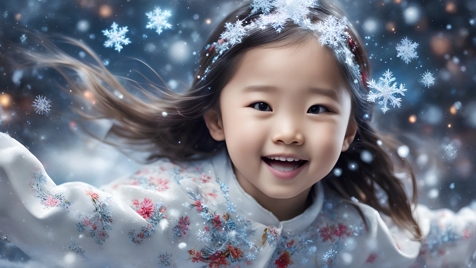 Magical Fantastic young happy Chinese female child, Liquid Structure, Flying snowflakes, excitement, Splash, Portrait Photography, Fantasy Background, Intricate Patterns, Ultra Detailed, Luminous, Radiance, Ultra Realism, Complex Details, Intricate Details, 16k, HDR, High Quality, Trending On Artstation, Sharp Focus, Studio Photo, Intricate Details, Highly Detailed