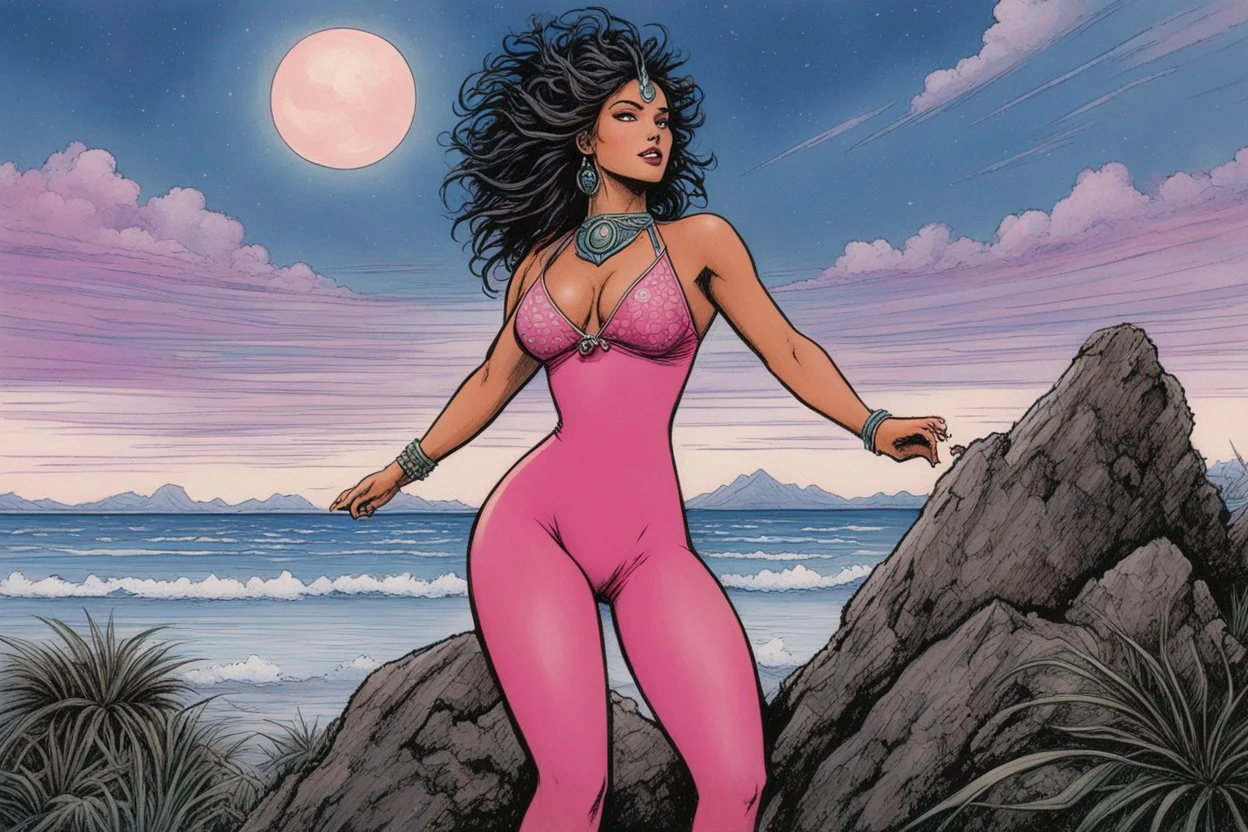 [art by Kevin Eastman and Peter Laird] the surprised Urvāśī, 24-years-old a celestial nymph (apsarā) famed for her divine beauty and allure. wearing a pink one-piece swimsuit , poised on hands and knees, the overcast sky in the background, vintage 1980's photo