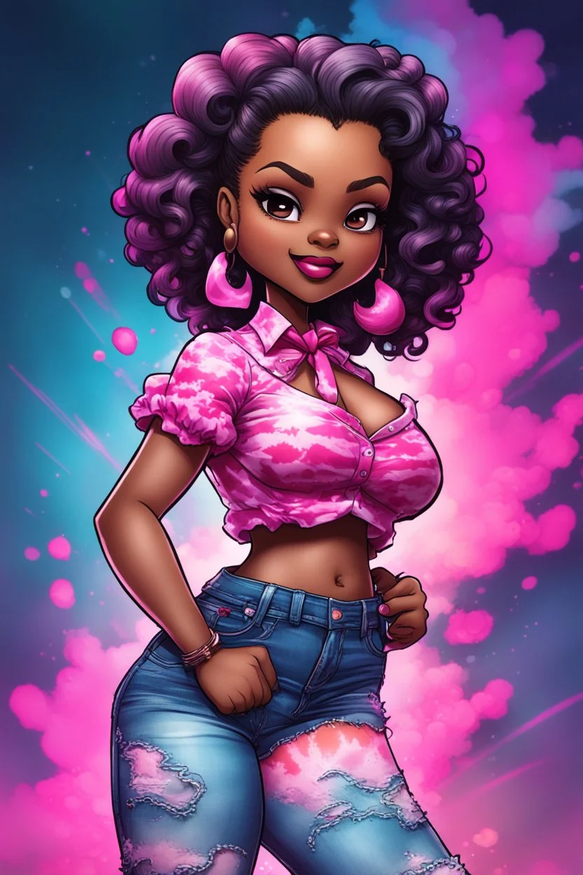 vibrant psychedelic comic book image, airbrush, 48k, cartoon art of a chibi curvy black female wearing torn jeans pants and a pink tie dye off the shoulder blouse. Prominent make up with lush lashes. Highly detailed sleek wavy ponytail