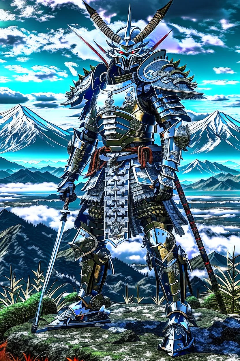 Full body, samurai wearing biomechanical armor, photorealistic,fuji mountain background