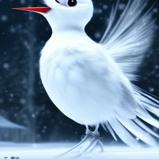 smooth hyper realistic, beautiful Japanese snow bird robot in crown, pale colors, dark cosmos background, extremely sharp detail, finely tuned detail, ultra high definition, 8 k, unreal engine 5, ultra sharp focus, accurate sword wings, positive smile, lot of details, fit within portrait, Ambiance winter, perfect composition, perfect hair, perfect hands, finger up gestures