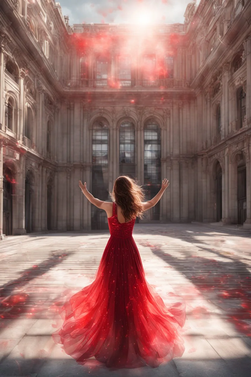 Photorealistic young woman in a dress, standing, with arms raised, looking at the front of a building at midday, with red auras around her