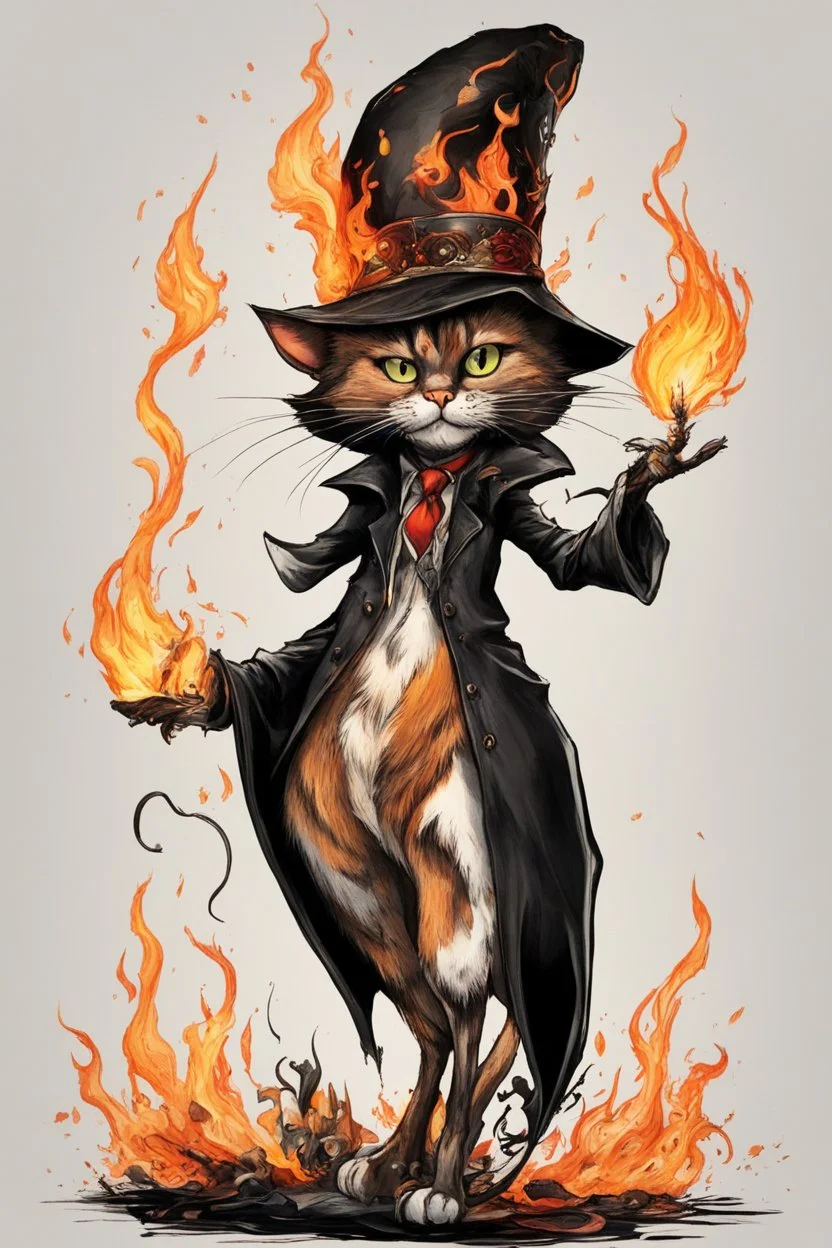 create a full body caricature of an aged, malevolent, ornately dressed , 14th century sorceress Bombay cat wreathed in fire ,highly detailed with refined feline features in the cartoon caricature style of Gerald Scarfe and Ralph Steadman precisely drawn, boldly inked, vividly colored, 4k