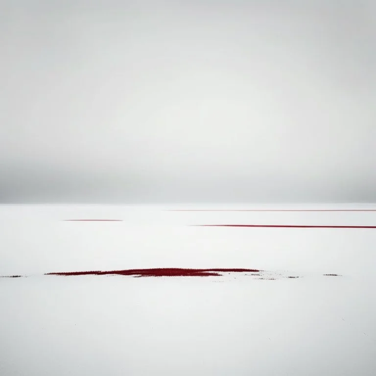 A captivating hyper minimalist photograph of a barren snow-covered field on a grey day with a tiny asymmetric crimson stain in the far lefthand side. The overall color palette is muted, with a small splash crimson contrasting against the white snow. The field stretches out in a long shot, creating a sense of isolation and desolation