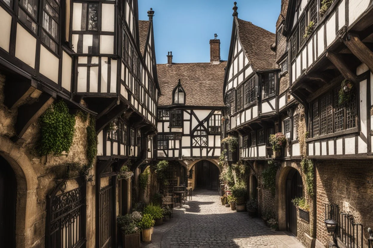 Old English Tudor Alley with shops, signs, bridges, and balconies, sunny day, warped and grubby