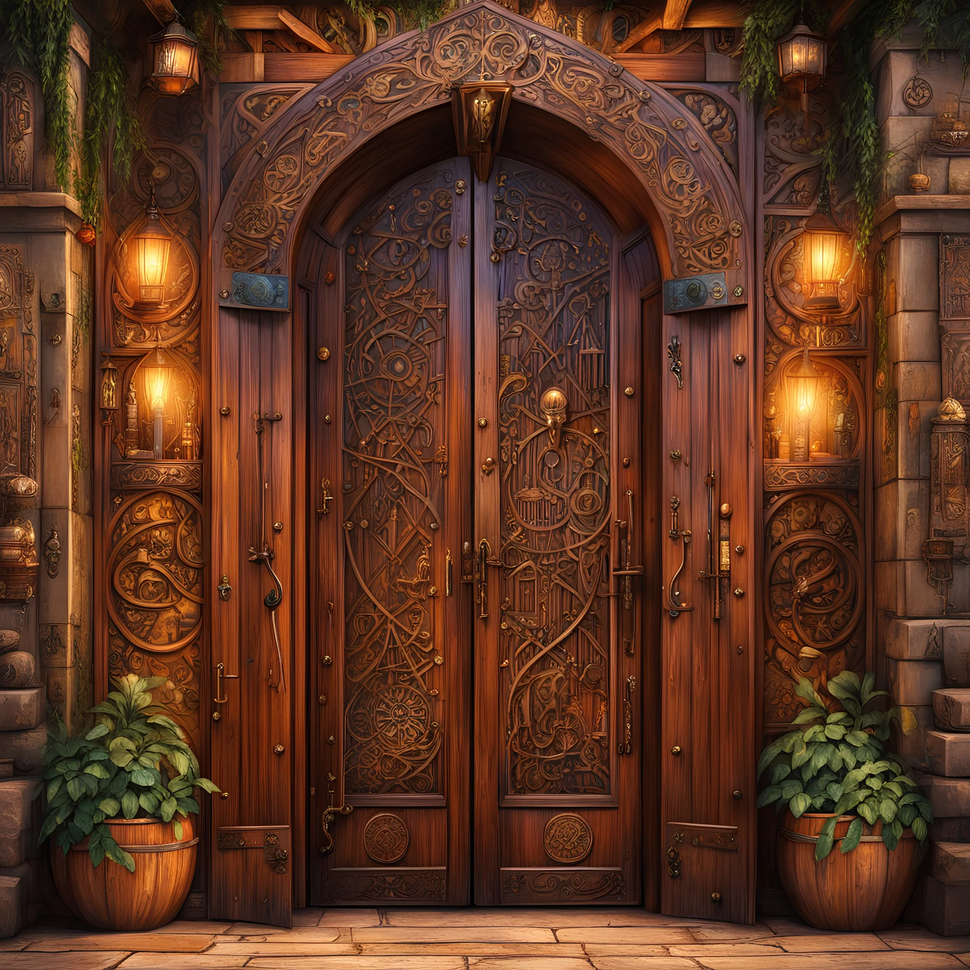 Massive wooden door with lots of details and magical symbols that is the entrance to a hidden magical market. Harry Potter. Magical. Epic. Dramatic, highly detailed, digital painting, masterpiece