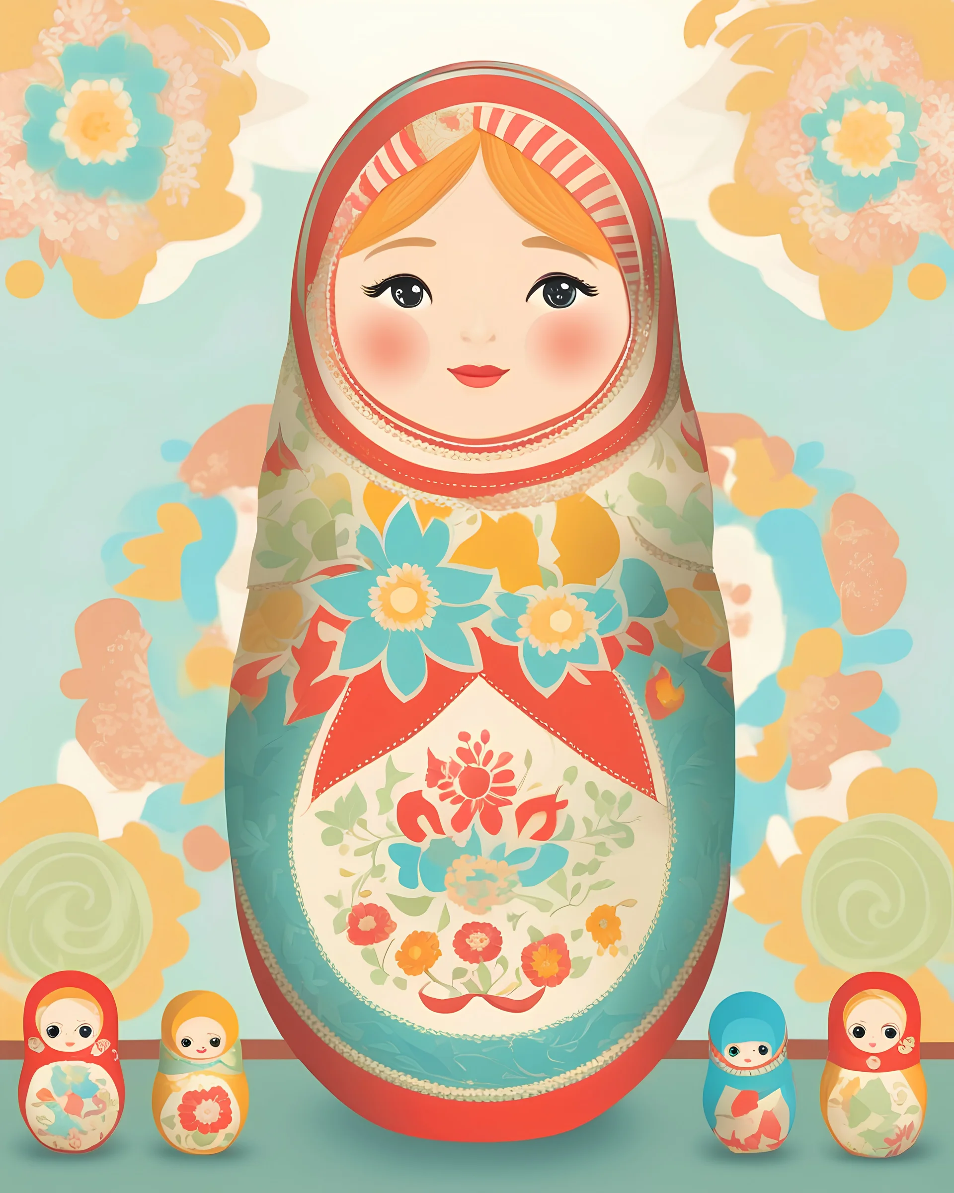 Matryoshka doll in colorful clothes, arms and legs