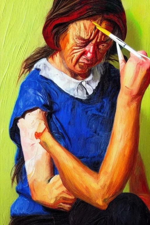 Artist crying, holding paintbrush