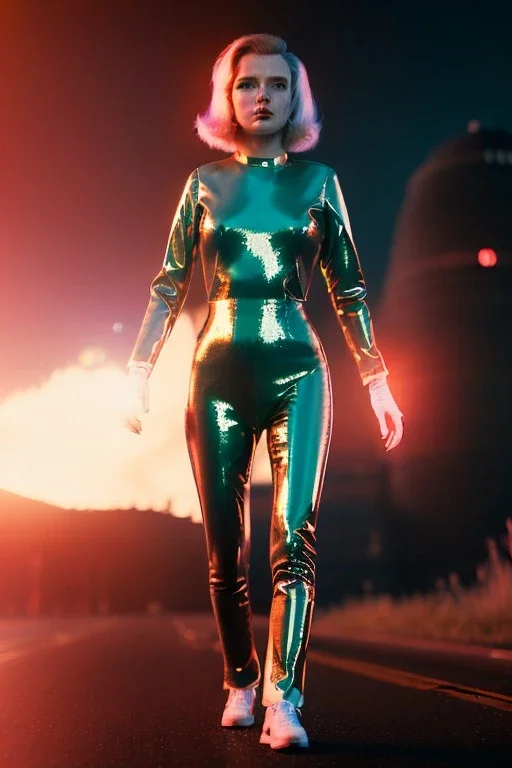 retro sci-fi portrait image from 1980, Los Angeles street explosions, fire, scared people, sweet young blonde woman walking, tight latex suit, soft color, highly detailed, unreal engine 5, ray tracing, RTX, lumen lighting, ultra detail, volumetric lighting, 3d, finely drawn, high definition, high resolution.