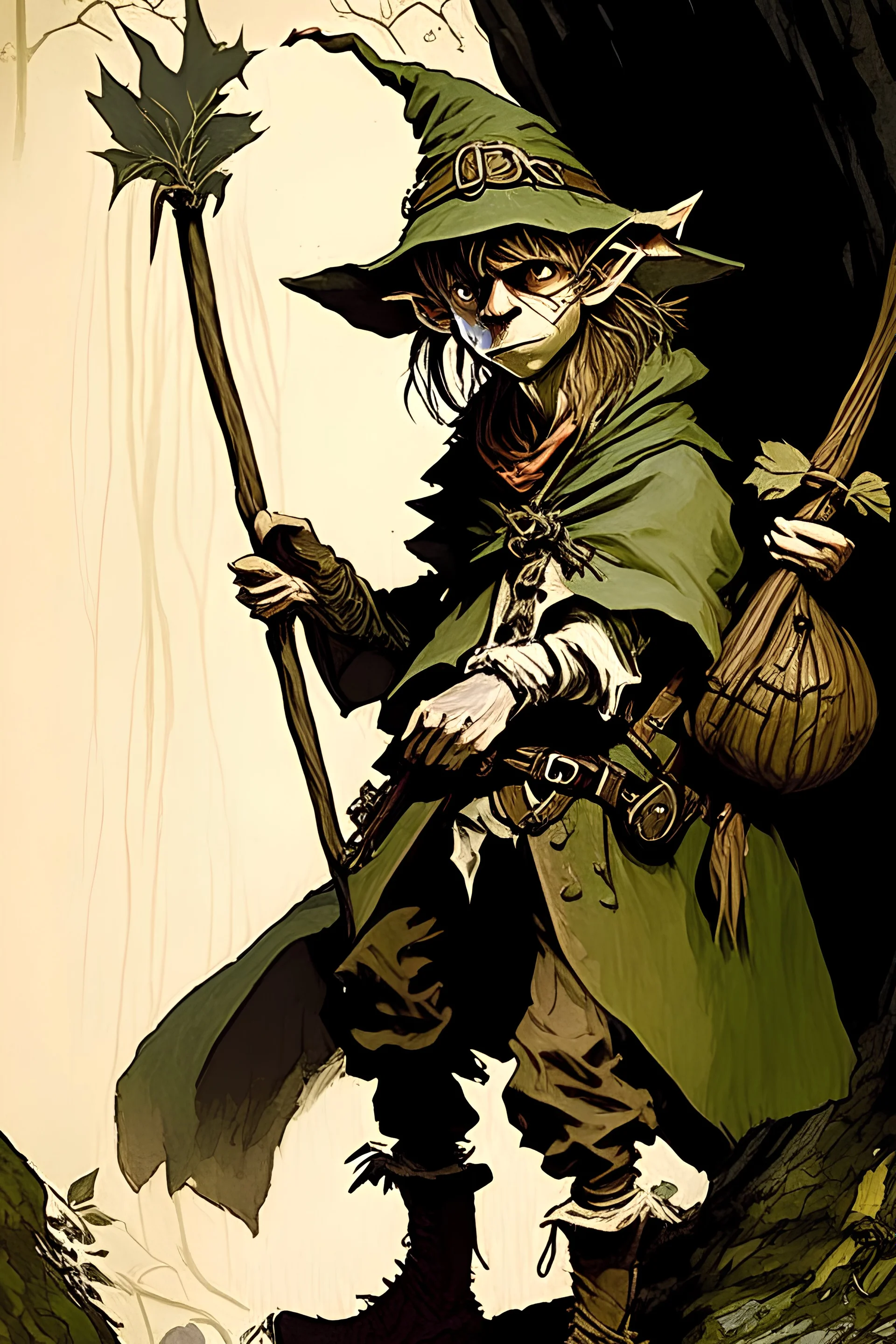 Snufkin from moomin's pictured as Dungeons and Dragons styled tall wood elf with a longbow on his hands
