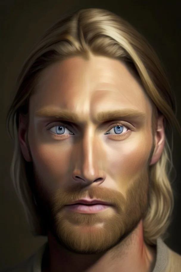 Portrait of a man in his thirties, brown eyes, short beard, small eyes, high cheekbones, long blond hair
