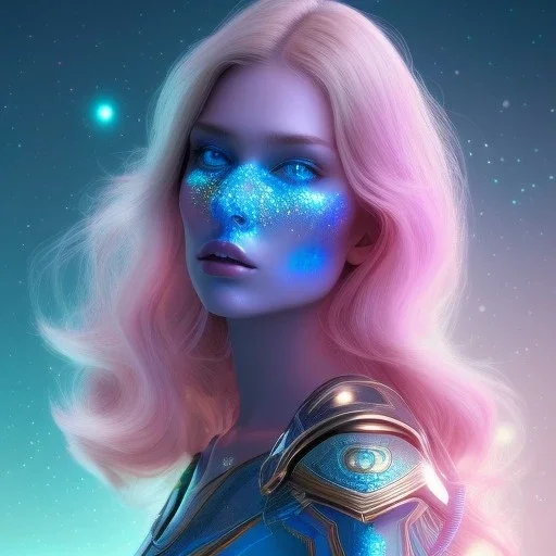 Beautyful woman,galactic , cosmic armor,hair long blond, blue eyes, happy cosmic, bright colors, blue, pink, realistic, photo real, clear sunny background, highly detailed, high contrast, 8k high definition, unreal engine 5, extremely sharp detail, light effect, sunny light background