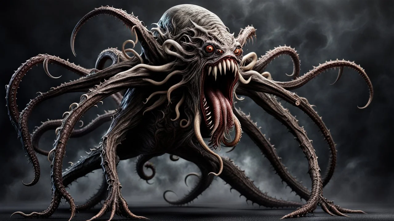 looking to camera a fantasy monster with many tentacles, dynamic pose, scary creature without face and without eyes, with big mouth, full length, full body without legs, very detailed, intricate insanely, Hyperrealism, photorealistic, natural volumetric light, dark fantasy style, photo style