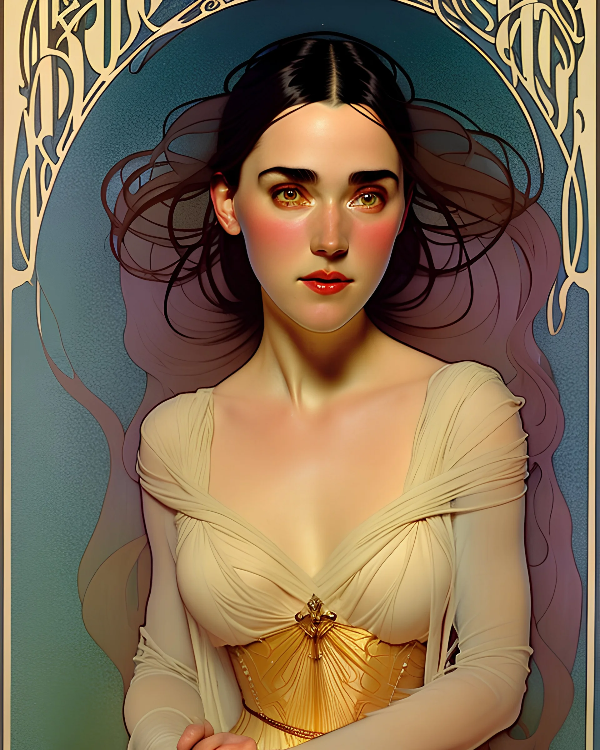 art by alfons mucha, full body image of 25-year old Jennifer Connelly