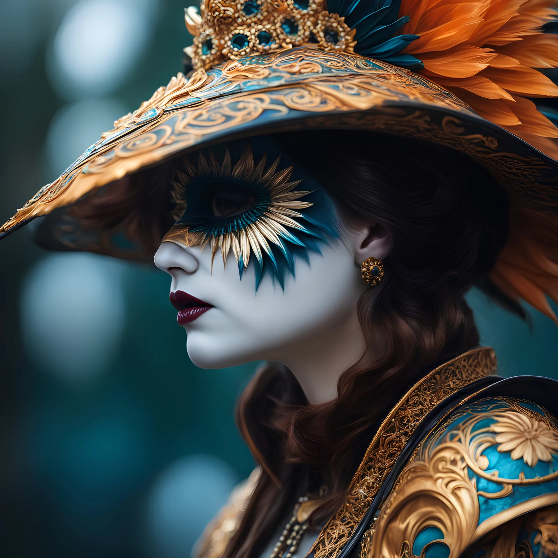 a close up of a person wearing a costume, an airbrush painting, inspired by Hedi Xandt, zbrush central contest winner, aquatic creature, victorian day of the dead, marc adamus, tooth wu : : quixel megascans, airbrush style, profile picture, beautiful creature, shot with Sony Alpha a9 Il and Sony FE 200-600mm f/5.6-6.3 G OSS lens, natural ligh, hyper realistic photograph, ultra detailed -ar 1:1 —q 2 -s 750)