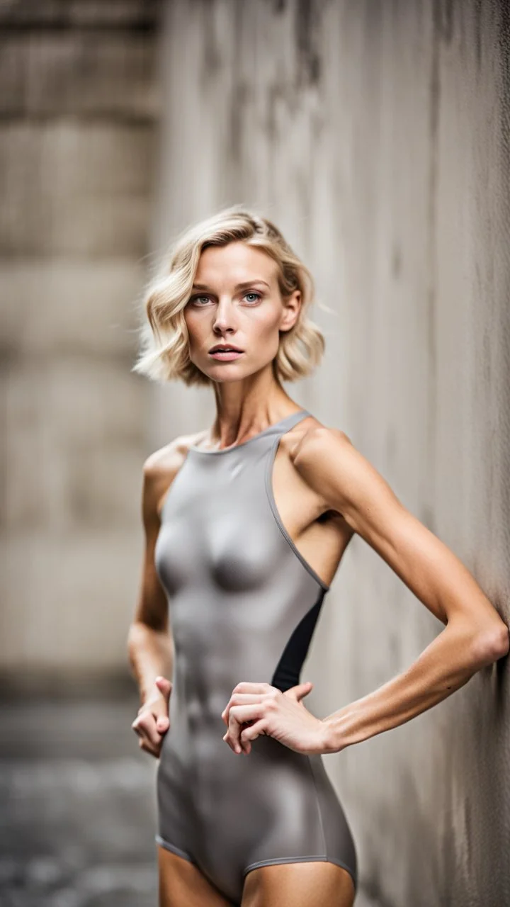 beautiful anorexic woman, total shot, short grey metallic triathlon swimsuit, short blond wavy bob hair, blurred concrete background