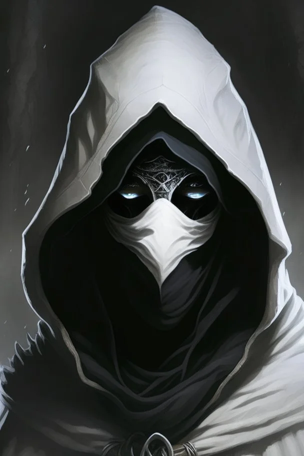 dungeons and dragons man wearing black robes and hood wearing a white mask with eyeholes