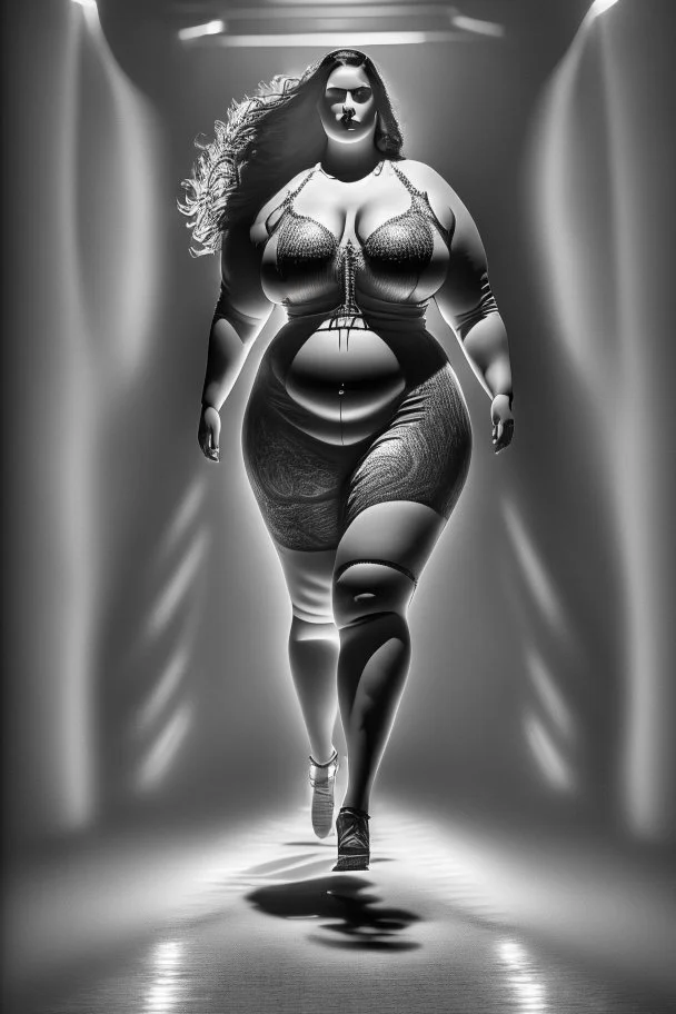 full_body_shot_of_a_hyper_realistic_ultra_detailed_photograph_of_a_beautiful curvy sexy clothes ,female model walking down a runway at a fashion show dark atmosphere sp ot light detailed symmetric beautiful