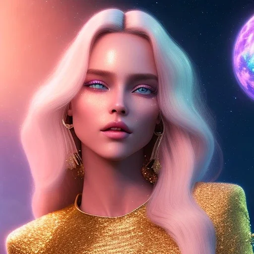  full body white goddess woman glitter smiling long blond hair blue eyes in a galactic ambiance, delicate colors in the foreground, full of details, smooth, light effect，vaporwave colorful, smooth, extremely sharp detail, finely tuned detail, ultra high definition, 8 k, ultra sharp focus