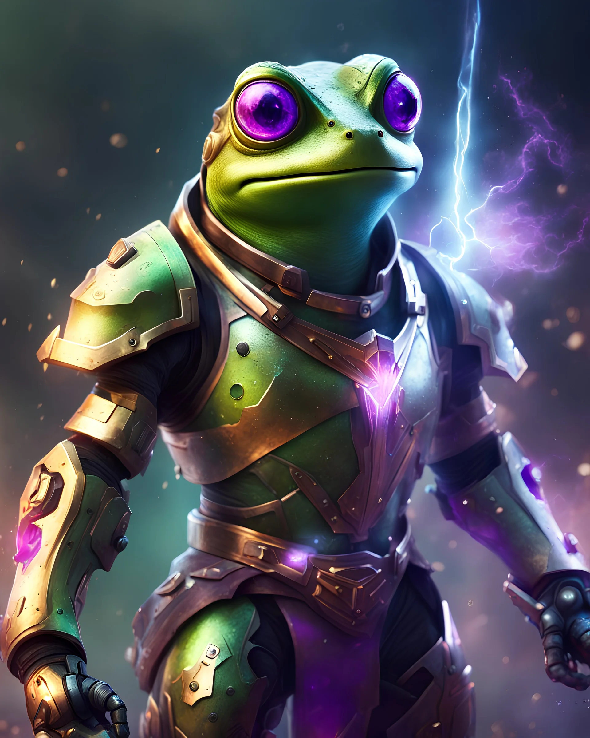 Frog Green Soldier Portrait Glow big red eye Gold Armor warrior Robotic Purple lightning Gun Silver Smoke Dust 16k details epic rare future water quality sword