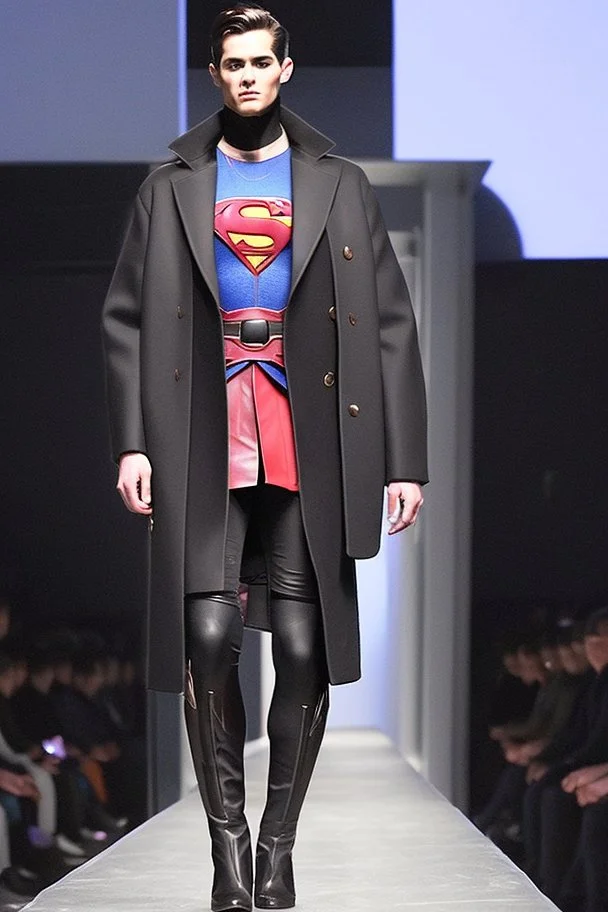 Men's winter fashion runway, super designer inspired by Superman style with the main emblem as the concept of the whole style