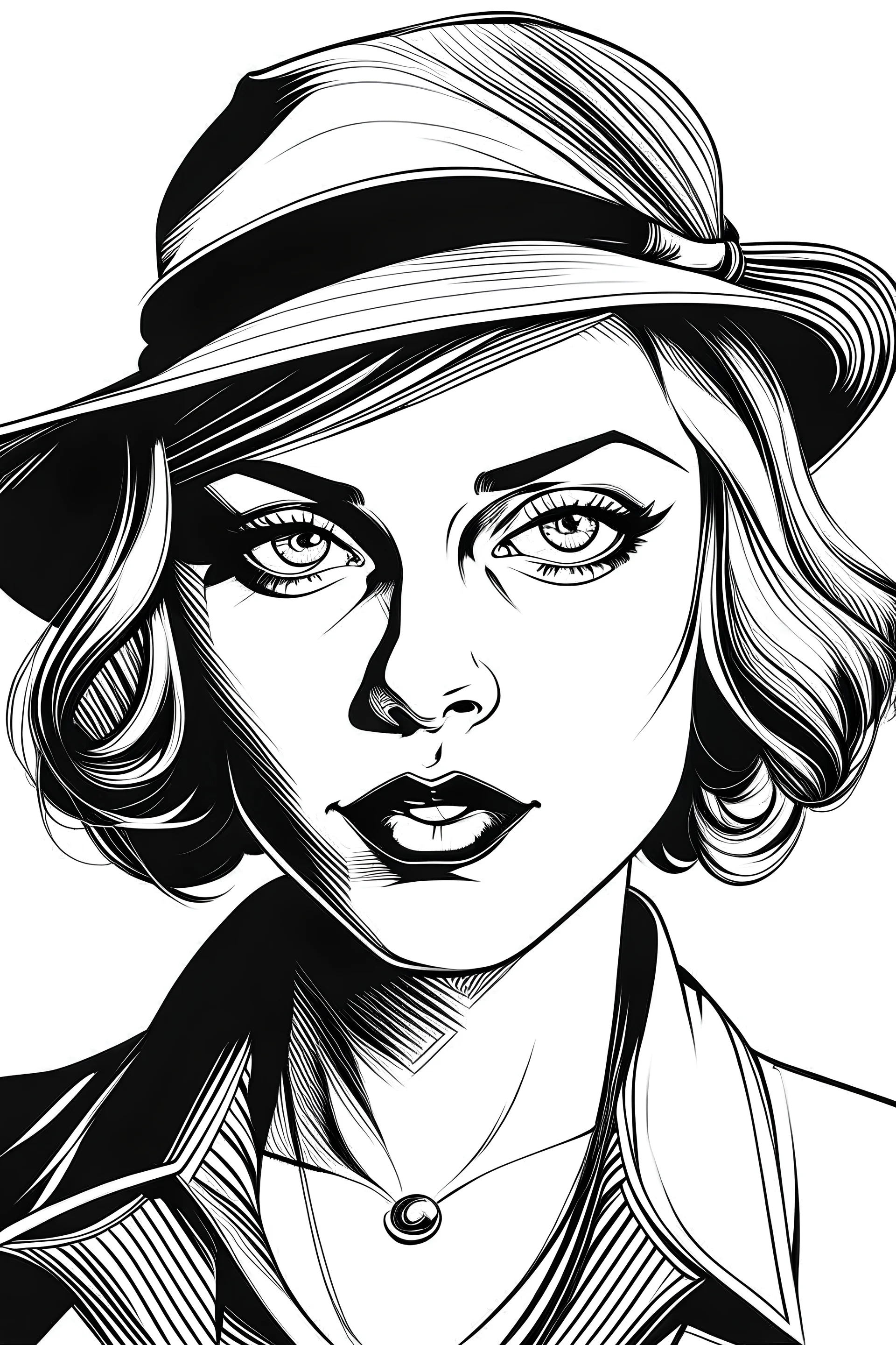 female portrait of a female gangster in line art style