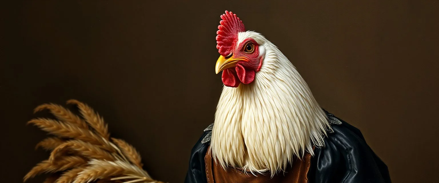 amish hen dressed in amish outfit, painted by rembrandt