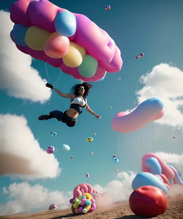 Ultra realistic speed clouds sky scene, wide angle view, sweet women falling down, inflatable color clothing, free jumping flying, many trinkets, hair monster, many jelly beans, balls, color smoke, smile, happy, circus style, extreme, wind, clouds sea, 20,000 feet altitude, stratosphere, soft color, highly detailed, unreal engine 5, ray tracing, RTX, lumen lighting, ultra detail, volumetric lighting, 3d, finely drawn, high definition, high resolution.