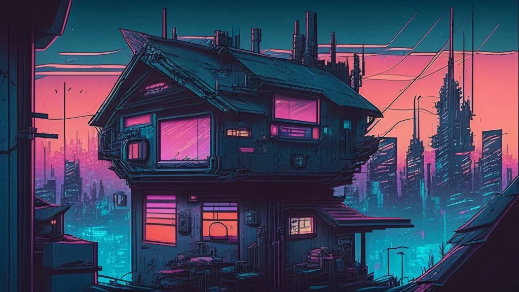 small german Cabin, In cyberpunk city-skyline, comic style