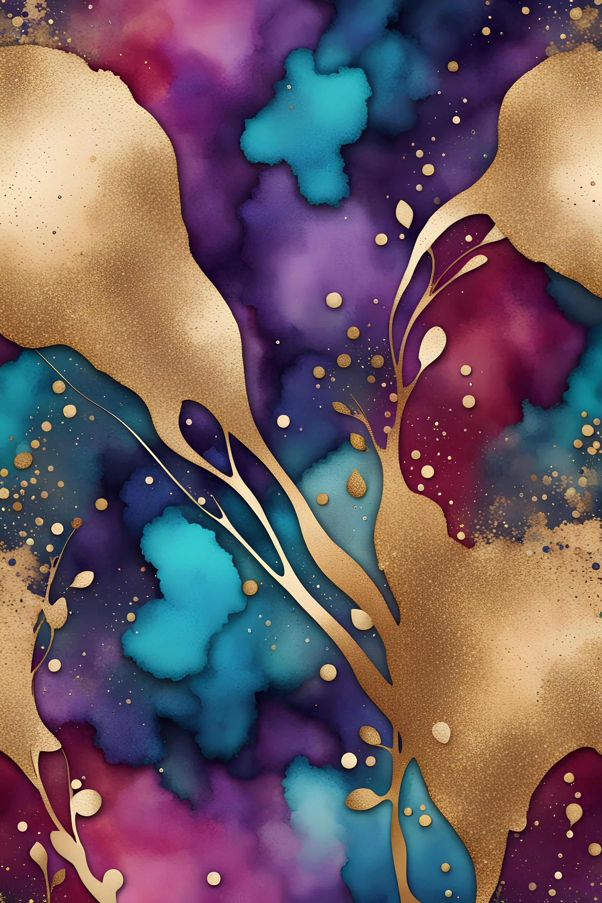 abstract golden glitter, dark royal Red, purple and turquoise watercolors with golden outlines