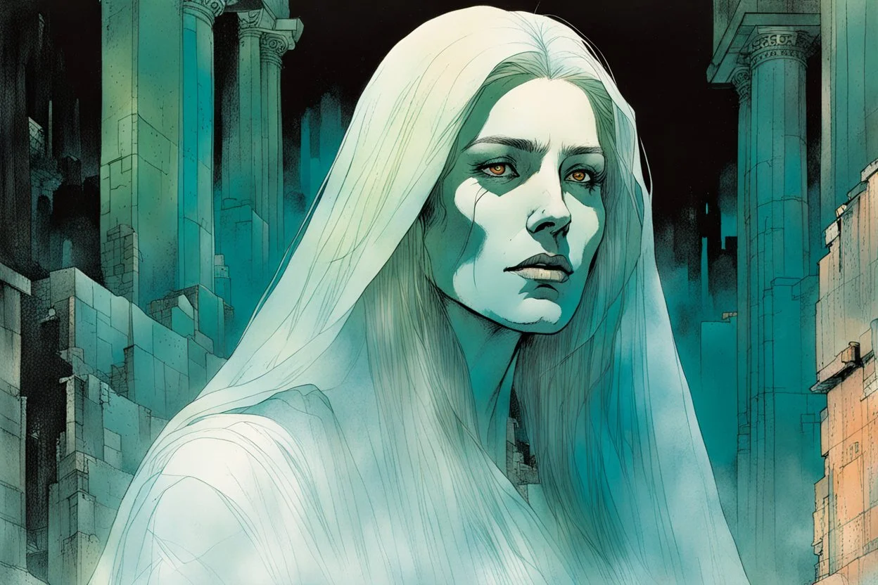 create an imaginative print illustration of the pale translucent ghost of an ancient female Oracle, Pythia with finely detailed hair and feminine facial features, in the ruined city of the dead , in the comic book art style of Bill Sienkiewicz, Mike Mignola, and Jean Giraud Moebius, finely textured, drawn, colored, and inked, suffused with dark foreboding shadows