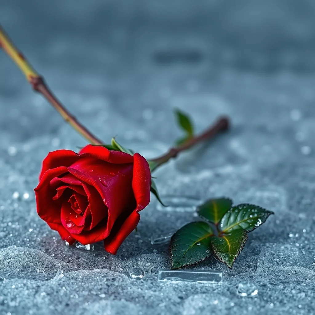 A Realistic Looking Beautiful Red Rose With Water Droplets On Its Petals With Its Branch Lying On A Frozen Floor.