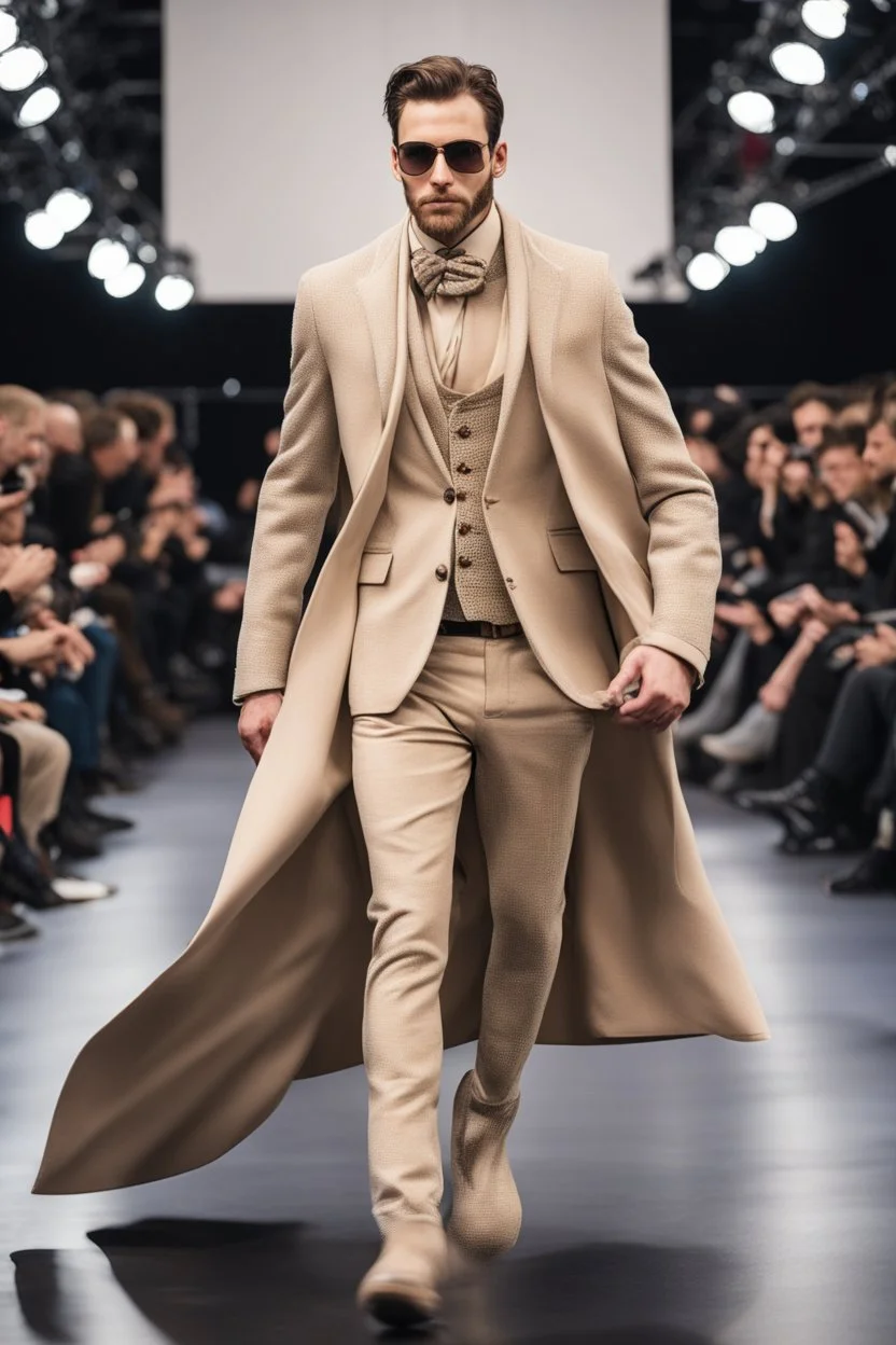 A guy on a winter fashion runway with moderna clothes inspired by Superman style, embroidery elegante fashion beige tones