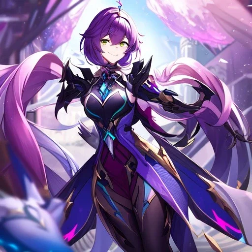 Clear focus,High resolution,High quality, Smiling, Purple long fluffy hair, Green eyes, Wearing a pink mech uniform, Honkai Impact Star Rail