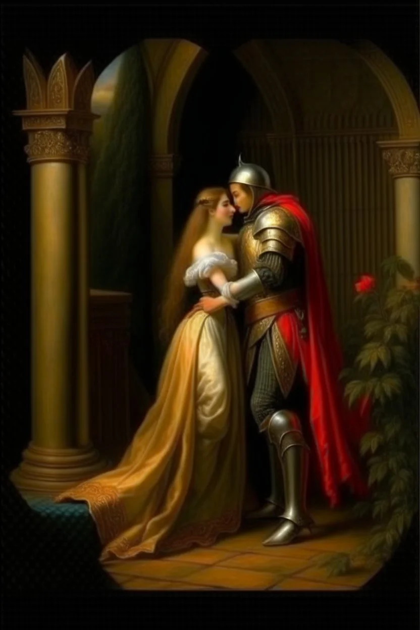 Historical oil painting expressing love The eternal between a princess and a knight