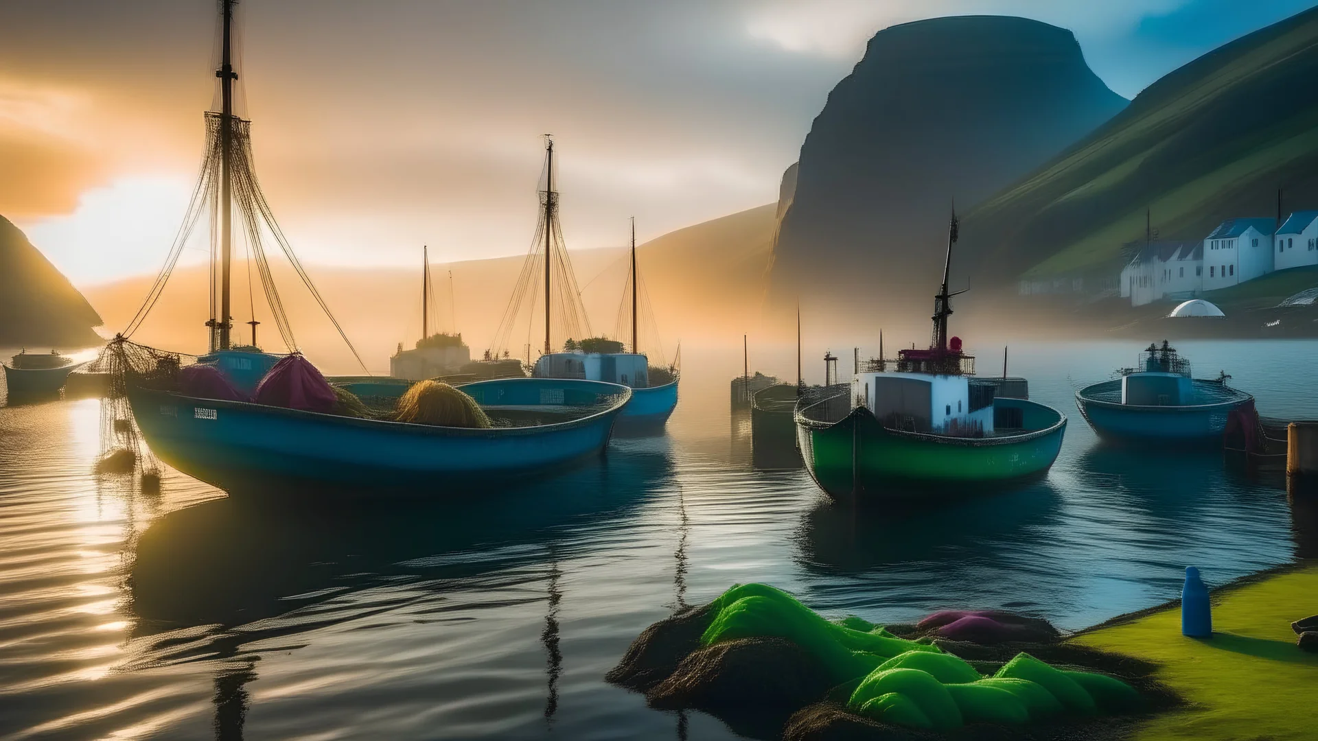 Colourful fishermen’s boats anchored in a harbour in the Faroe Islands near a fishing village, fishermen putting fishing nets on their boats, peaceful, mist in the distance over the calm sea, early morning, sunrise, beautiful romantic photograph, excellent composition, atmospheric, realistic