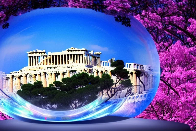 Acropolis of Athens , 8k resolution holographic astral cosmic illustration mixed media by Pablo Amaringoe captured inside a big snow crystal ball. unreal engine 5, 24mm , deep colours , blue , white ,gold ,pink cherry blossom, green bonsai trees ,