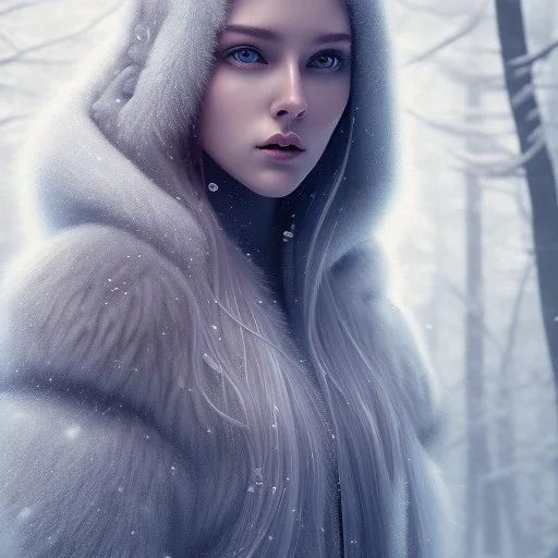 Woman, ice, blue, forest, snow, beautiful, mountain, masterpiece, expert, 8K, hyperrealism, sharp focus, cinematic lighting