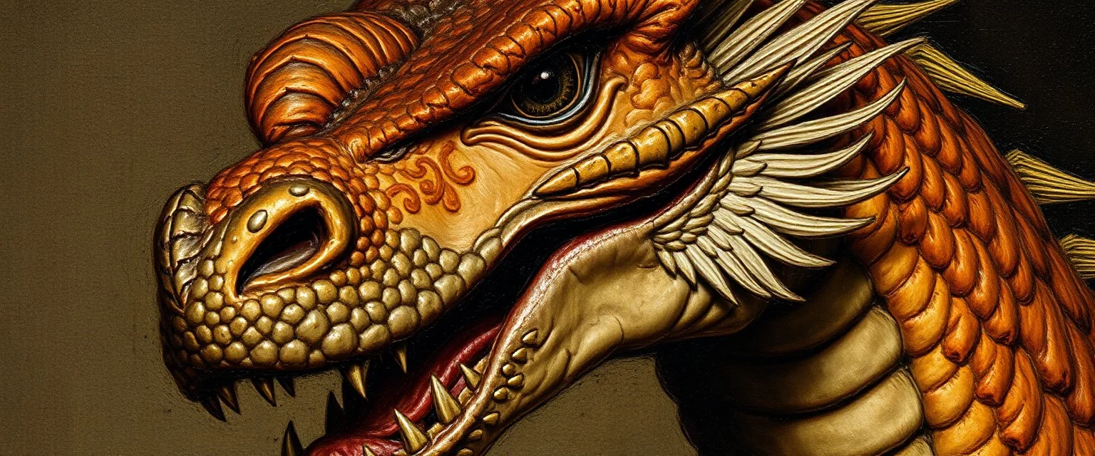 close up portrait painted by Rembrandt, stupid looking dragon with wrong porportions