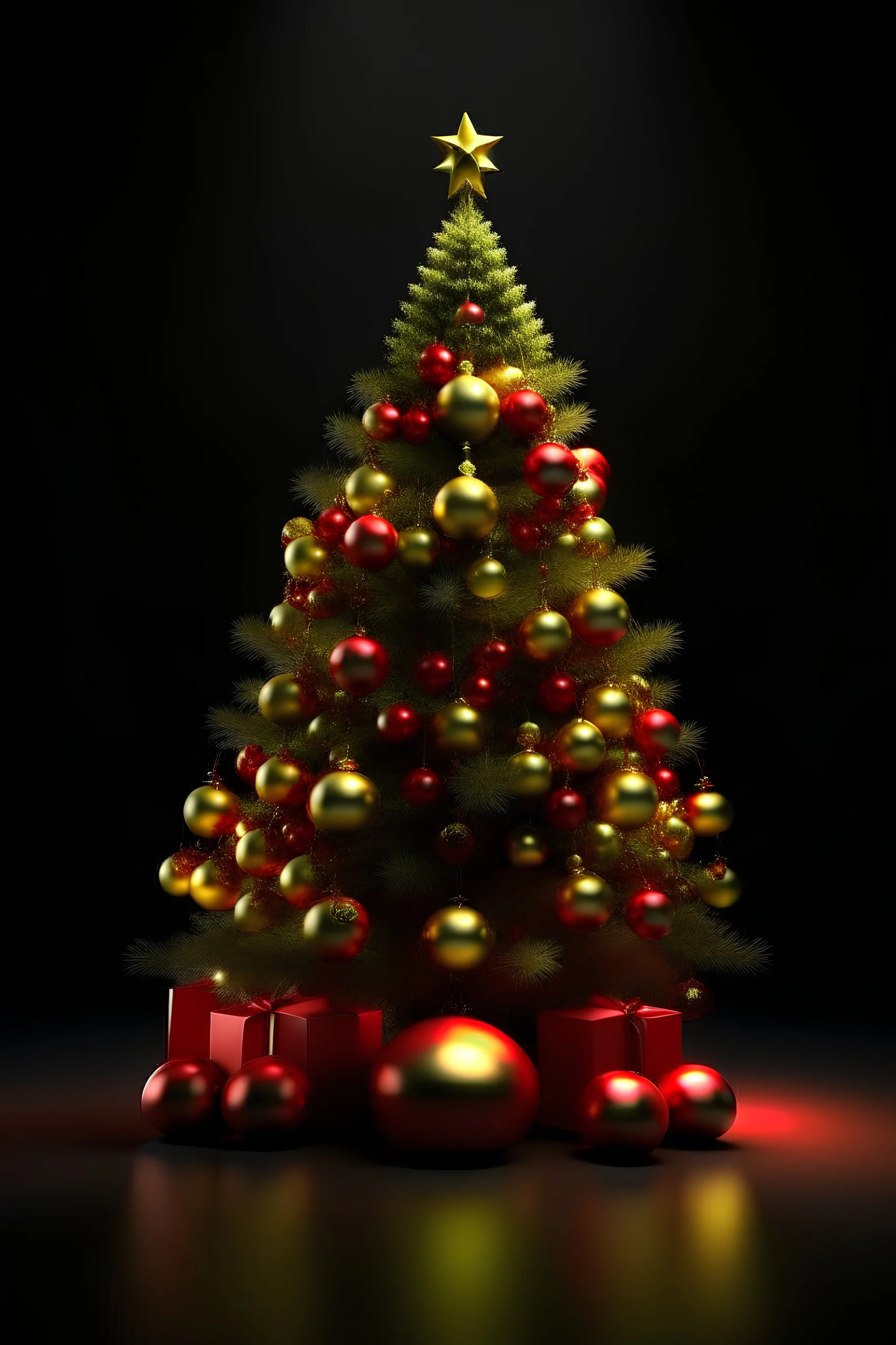 Absolutely beautiful highly detailed HD resolution fully rendered Christmas tree, red and gold trimmings, beautiful star on top of tree, gifts underneath tree, toys underneath tree