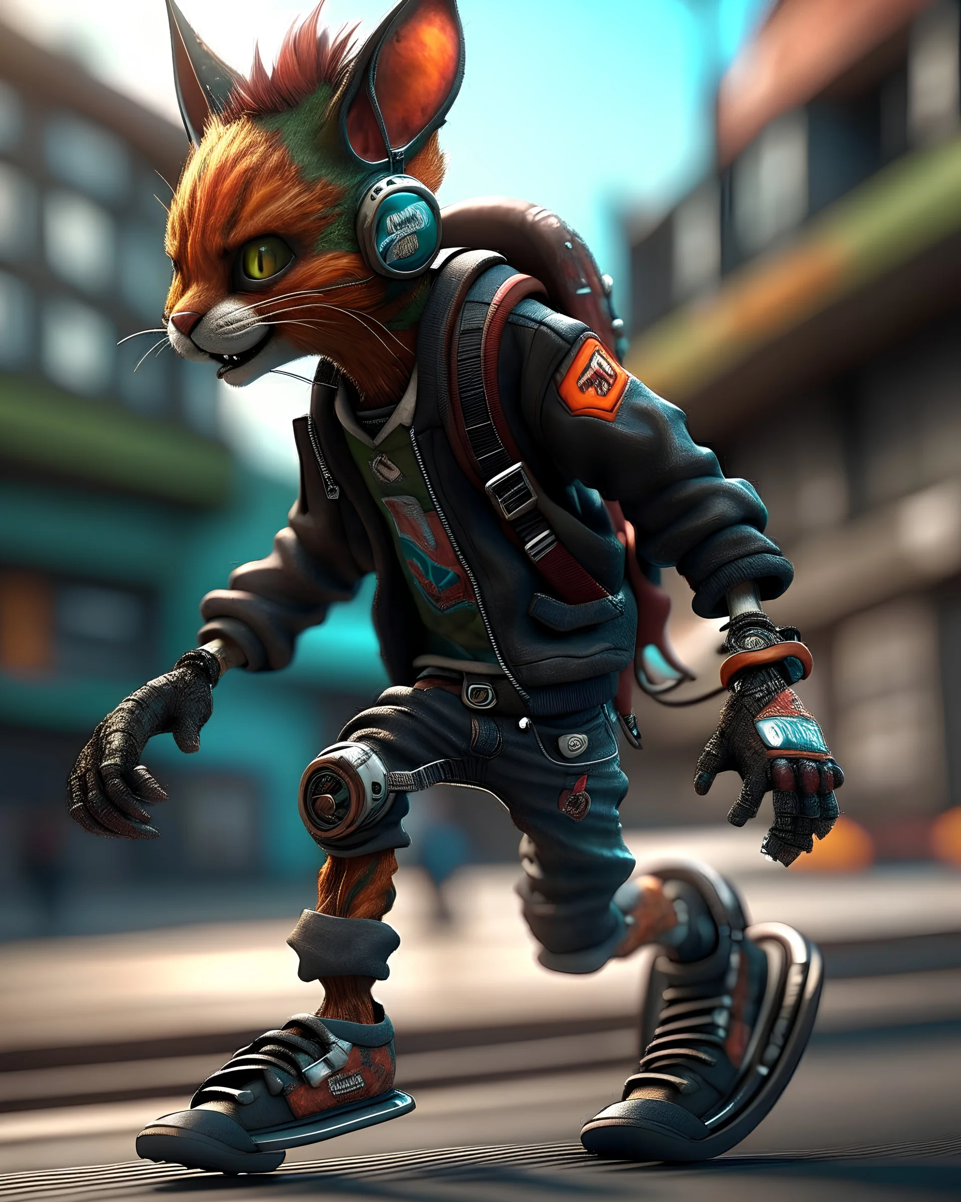 NFT style 3d rendered animated art, highest grossing nft character, vaporpunk, steampunk, cyberpunk, punk, fox with a mohawk in a rush to catch the bus on a skateboard before the bus drives away, sharp focus, best quality, in the highest possible resolution, trending on DeviantArt