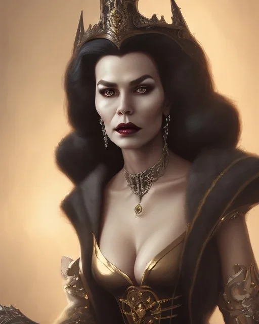 old evil queen in black leather gown, femme fatale, volouptous, busty, cleavage, angry, emperious, 8k resolution concept art portrait by Greg Rutkowski,