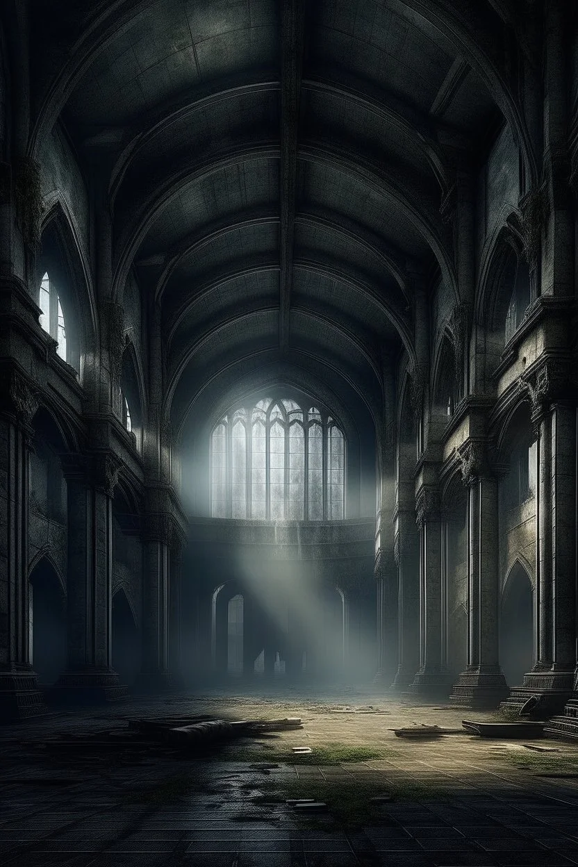 dark fantasy art of a medieval abandoned hall