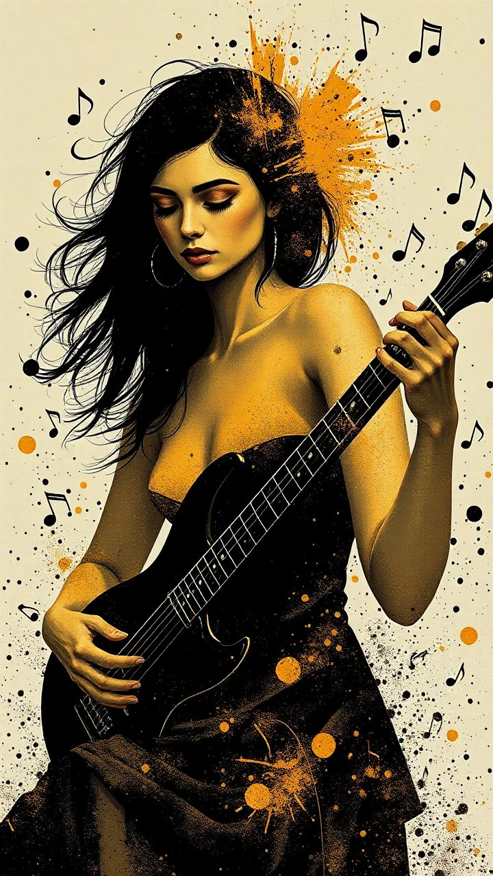 minimalism,Abstract black and gold minimalism geometric surreal beautiful fashion portrait playing the guitar ,splash art explosion,minimalist surreal surrounding music notes background,surreal lonely depth,deep soul spirit,fantasy surreal geometry,flat,utopia,album art,cover art,album cover,cinematic,8k,epic movie still,sharp focus,by Gustav Klimt,pascal blanche,rutkowski,repin,artstation hyperrealism painting concept art of detailed character,design matte painting,leaf, Busch painting style