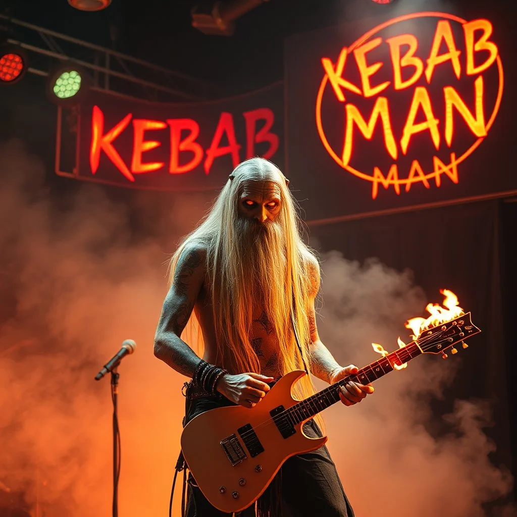 a very thin swedish viking man, evil with very long blonde hair (2 meter), (fat glowing eyes), he is called "KEBAB MAN" performing at death metal club, his name is "KEBAB MAN" kebab rolls On stage, kebab Neon lights and smog, and "KEBAB MAN" big sign on the wall, kebab tribal tattooes, spinning kebab machines, flames and smoke, chaos, he using gasolin and pour it on the guitar on the stage