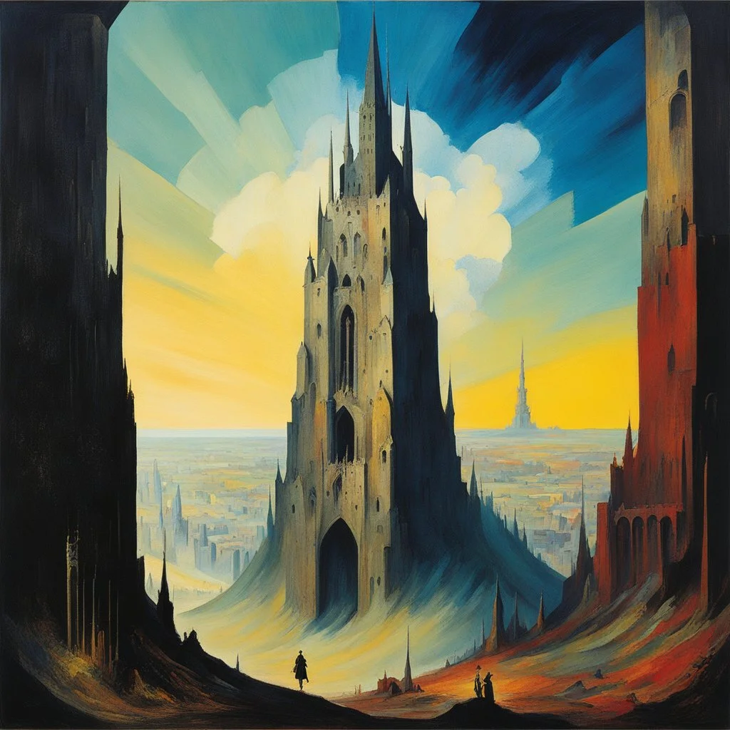 [abstract art inspired by Hieronymus Bosch and František Kupka] the ruins of a forgotten empire, an adventurer stands upon the crumbling edifice of a once-great tower, its spires reaching towards the heavens like the fingers of a long-forgotten god.As the adventurer gazes out upon the world below, a surreal tableau unfolds before their eyes. Above, a blue sun hangs low in the sky, casting an azure glow upon the landscape, its rays shimmering like shards of crystalline magic. The air is heavy wit