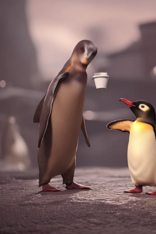 young woman talk to a penguin in coffee-shop