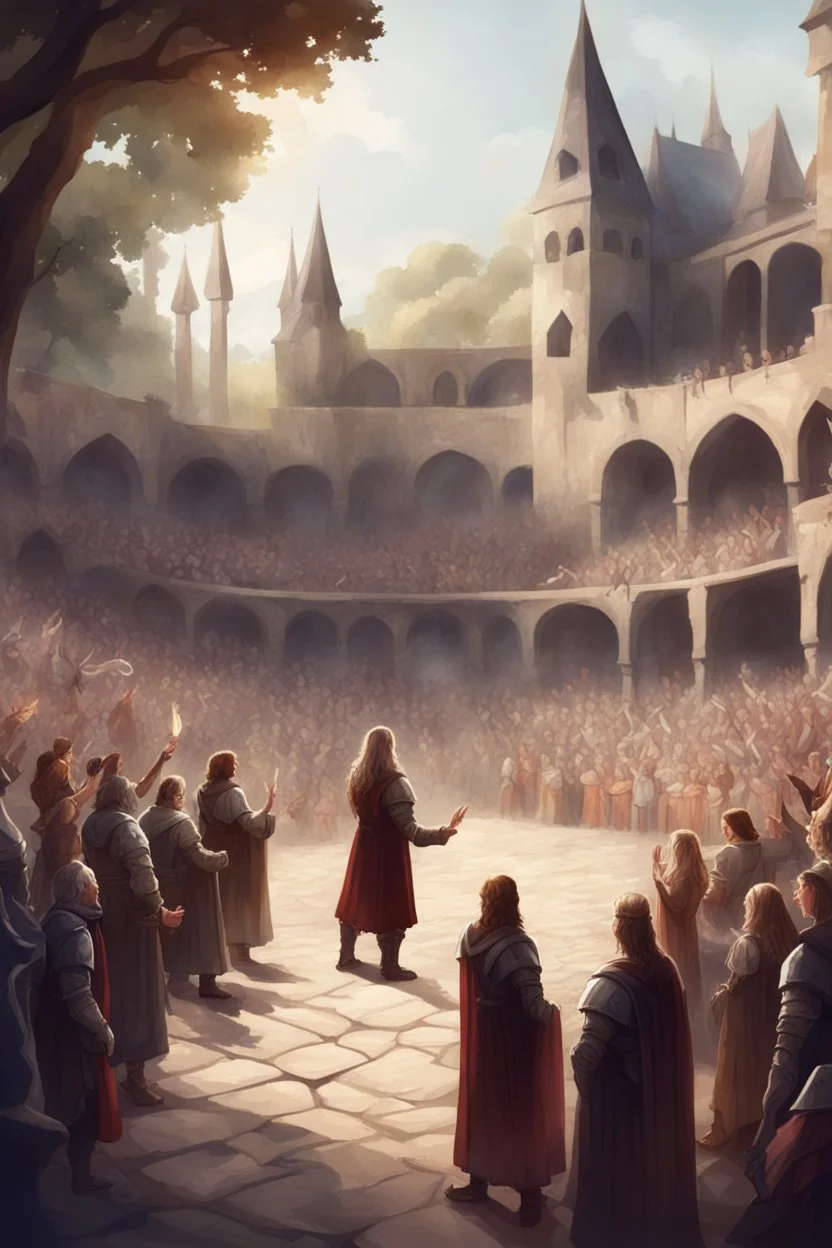 illustration fantasy medieval people applauding in arena outdoors