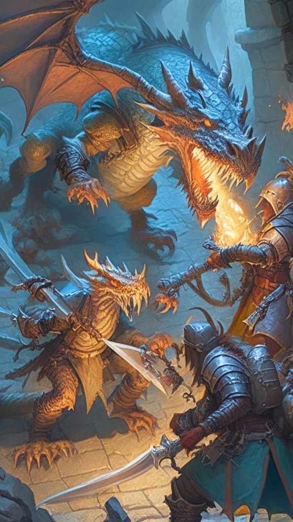 detailed rpg group fighting a dragon